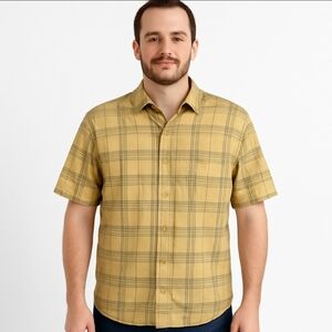 Eddie Bauer Yellow Plaid Button Down Mens Cotton Shirt Size XL